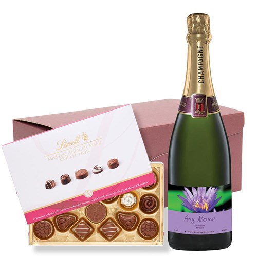 Personalised Champagne - Purple Flower Label and Lindt Master Chocolatier Hamper – Premium Gift